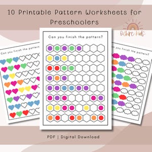 Puede incluir: Tres hojas de trabajo de patrones imprimibles para preescolares. Las hojas de trabajo presentan patrones coloridos de corazones, hexágonos y nubes. El texto "Can you finish the pattern?" se muestra en cada hoja de trabajo. El texto "10 Printable Pattern Worksheets for Preschoolers" está en la parte superior.