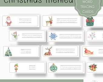 May include: Christmas-themed word tracing cards with illustrations of Santa, reindeer, a snowman, a snowflake, a Christmas tree, an elf, and an ornament. The cards have the words printed in a dotted font for tracing. The text "Christmas Themed" and "Instant Download" are also visible.