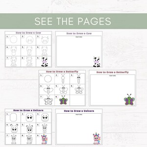 May include: A children's drawing tutorial with step-by-step instructions on how to draw a cow, butterfly, and unicorn. The pages are white with black text and colorful illustrations. The text "SEE THE PAGES" is at the top.