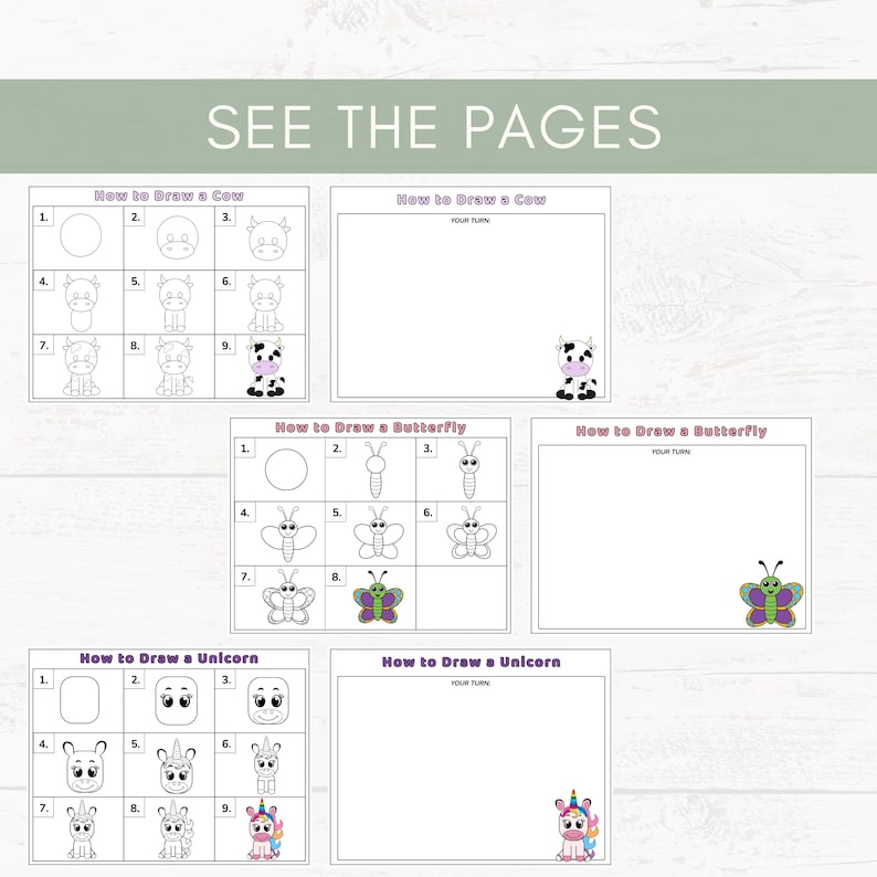 May include: A children's drawing tutorial with step-by-step instructions on how to draw a cow, butterfly, and unicorn. The pages are white with black text and colorful illustrations. The text "SEE THE PAGES" is at the top.