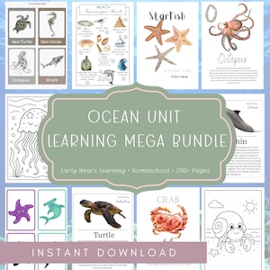 Könnte beinhalten: Eine Sammlung von Lernmaterialien mit Meeresbewohnern und Aktivitäten zum Thema Ozean. Enthält Karteikarten mit Meerestieren, eine Strand-Schnitzeljagd und ein Mega-Lernpaket mit 200 Seiten. Das Wort "Sofort-Download" ist sichtbar.