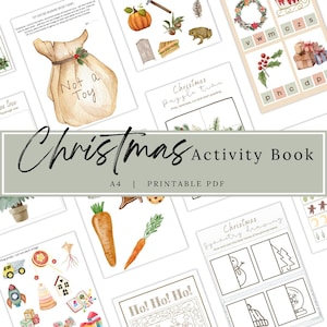 May include: A printable Christmas activity book for kids. The book includes activities like a puzzle, a matching game, a drawing activity, and a coloring page. The book is designed for children ages 3-5.