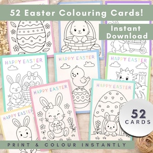 May include: A set of 52 Easter colouring cards, each with a black and white illustration of Easter bunnies, eggs, and other related imagery. The cards are labelled "Happy Easter" and are designed for colouring. The text "Print & Colour Instantly" is also visible.
