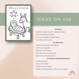 May include: A Christmas card with a black and white nativity scene, including a star, baby Jesus, and a donkey. The card reads "Merry Christmas" in a script font. The card is green-bordered and includes ideas for use.