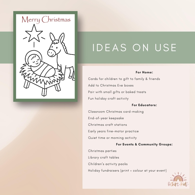 May include: A Christmas card with a black and white nativity scene, including a star, baby Jesus, and a donkey. The card reads "Merry Christmas" in a script font. The card is green-bordered and includes ideas for use.