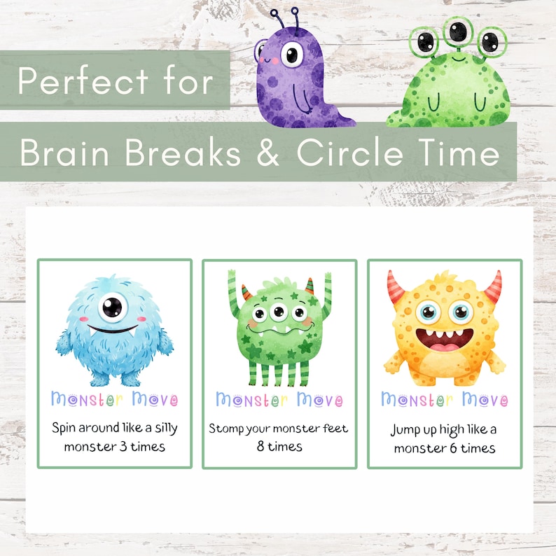 Monster Movement Cards for Kids | Preschool Brain Break Activity | Gross Motor Game for Classroom & Home | Indoor Energy Release Printable