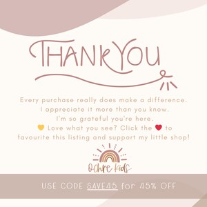 May include: A digital graphic with the words "THANK YOU" in a handwritten style. The image includes text expressing gratitude and a shop logo with a rainbow and the words "Ochre Kids". A discount code is also displayed.