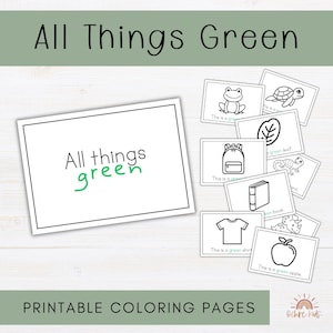 以下が含まれることがあります： 「All Things Green」のテキストが入った、印刷可能な塗り絵。メイン画像は、「All things green」という言葉が緑色で書かれた白いカードです。追加のカードには、カエル、葉、バックパック、本、シャツ、リンゴ、その他の緑色のオブジェクトが描かれています。