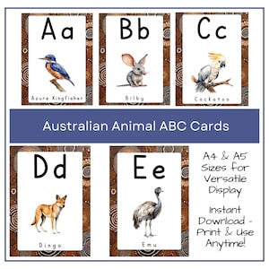 Australian Animals Educational ABC Printable Display Cards, Indigenous-inspired Aussie Wildlife A-Z Flashcards, Nature Inspired EYLF