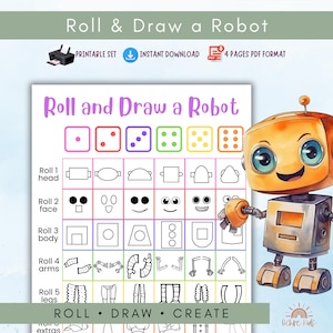 May include: A printable "Roll & Draw a Robot" game with a colorful robot illustration. The game includes a grid with robot parts and dice, encouraging creative drawing. The text includes "Roll & Draw a Robot", "Printable Set", and "Instant Download".