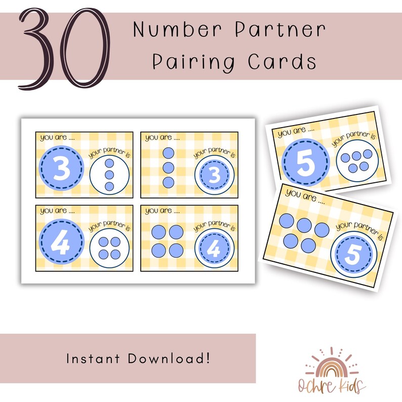 Number Partner Set Gingham Number Pairing Cards Printable, Math Partner Activity ...