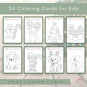 May include: A set of 24 Christmas coloring cards for kids. Each card features a black and white illustration of festive characters like a gingerbread man, reindeer, Christmas tree, and snowmen. The cards are labeled "Merry Christmas". The bottom of the image reads "Print, Color, Fold".
