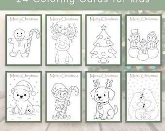 May include: A set of 24 Christmas coloring cards for kids. Each card features a black and white illustration of festive characters like a gingerbread man, reindeer, Christmas tree, and snowmen. The cards are labeled "Merry Christmas". The bottom of the image reads "Print, Color, Fold".