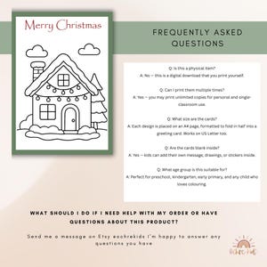 May include: A black and white line drawing of a Christmas house with the text "Merry Christmas." The image is a coloring page, with a FAQ section. The text says the item is a digital download, and suitable for preschool, kindergarten, and early primary.