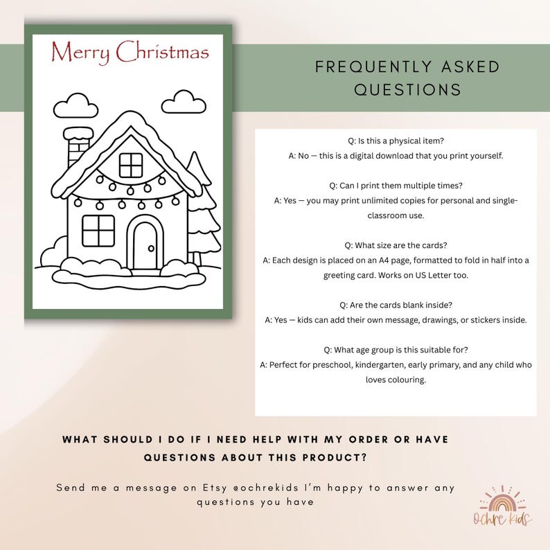 May include: A black and white line drawing of a Christmas house with the text "Merry Christmas." The image is a coloring page, with a FAQ section. The text says the item is a digital download, and suitable for preschool, kindergarten, and early primary.