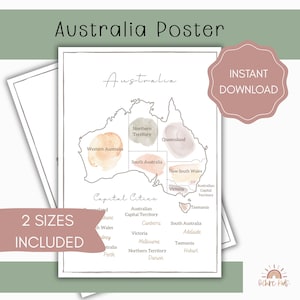Op de afbeelding: Een Australië poster met een kaart van het land, zijn staten en hoofdsteden. De poster bevat de tekst "Australia Poster", "Australia", "Capital Cities" en "2 Sizes Included". Een roze badge zegt "Instant Download".