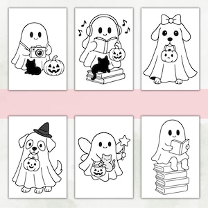 May include: A set of six black and white coloring pages featuring cute ghosts, dogs in ghost costumes, cats, pumpkins, books, and musical notes. The illustrations are simple line art designs depicting various Halloween-themed characters and activities.