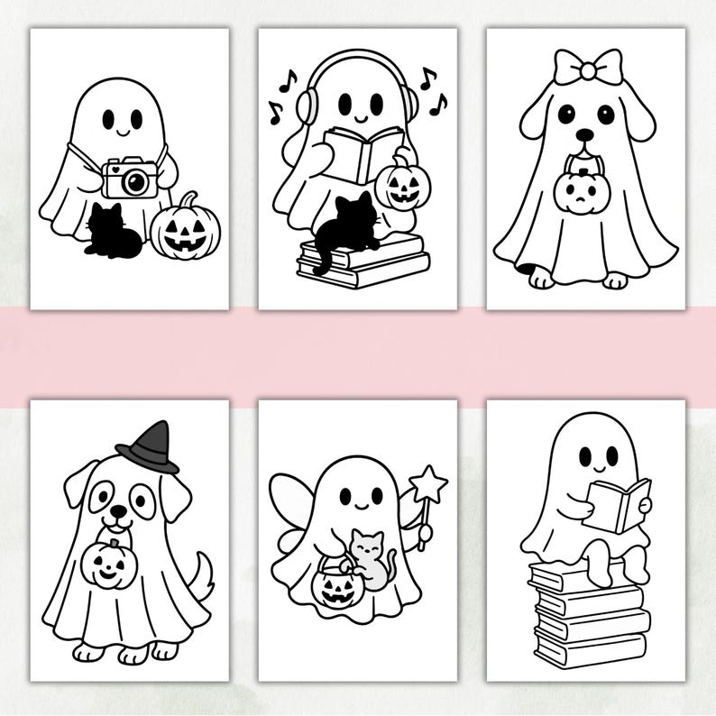 May include: A set of six black and white coloring pages featuring cute ghosts, dogs in ghost costumes, cats, pumpkins, books, and musical notes. The illustrations are simple line art designs depicting various Halloween-themed characters and activities.