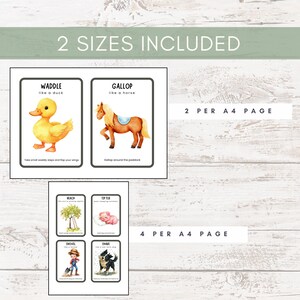 May include: Educational flashcards featuring watercolor illustrations of animals and actions. The cards include text such as "Waddle like a duck" and "Gallop like a horse." The image also includes the text "2 Sizes Included" and "2 per A4 page."