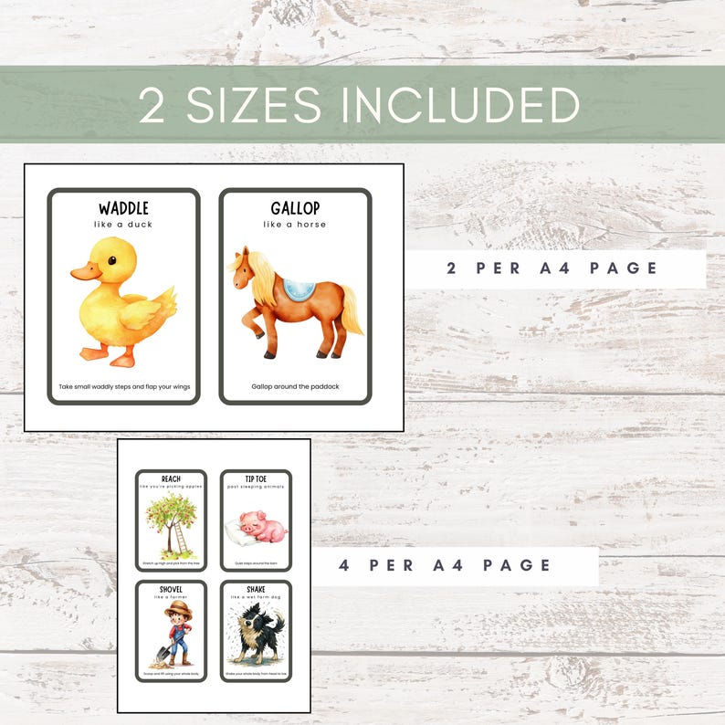 May include: Educational flashcards featuring watercolor illustrations of animals and actions. The cards include text such as "Waddle like a duck" and "Gallop like a horse." The image also includes the text "2 Sizes Included" and "2 per A4 page."