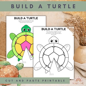 May include: Two printable pages with instructions to build a turtle. One page shows a coloured turtle with green, yellow, and pink sections. The other page shows a black and white outline of a turtle. The text "BUILD A TURTLE" is at the top of each page.