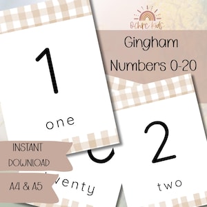 May include: White cards with black numbers and words, featuring a gingham border. The cards display the numbers 1 and 2, with the words "one" and "two" below. The text "Gingham Numbers 0-20" is also visible.