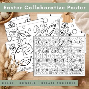 May include: An Easter collaborative poster with several coloring pages featuring Easter eggs, bunnies, and flowers. The poster includes the phrase "Hop to Kindness." The pages are designed to be coloured and combined to create a larger image.