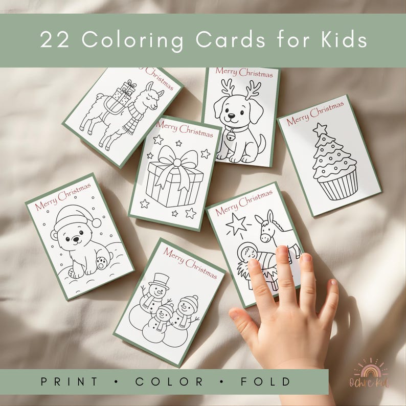May include: A set of 22 coloring cards for kids, featuring Christmas-themed illustrations. Each card has a white background with a green border and includes images of a llama, dog, gift, bear, snowman, star, donkey, and Christmas tree. The text "Merry Christmas" is printed on each card.