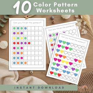 Könnte beinhalten: Eine Sammlung von zehn Arbeitsblättern mit Farbmustern mit dem Text "10 Color Pattern Worksheets" und "Can you finish the pattern?" Die Arbeitsblätter zeigen farbenfrohe Muster aus Kreisen, Herzen und Sechsecken. Die Worte "INSTANT DOWNLOAD" stehen unten.