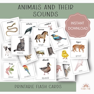 May include: A collection of printable flash cards featuring watercolor illustrations of animals and their sounds. The cards include a snake, cat, horse, bird, tiger, and more. The text "ANIMALS AND THEIR SOUNDS" and "PRINTABLE FLASH CARDS" are displayed.