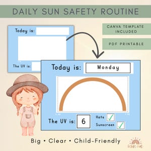 May include: A blue printable chart titled "Daily Sun Safety Routine" with the text "Today is: Monday" and "The UV is: 6." Includes a graphic of a girl and check boxes for hats and sunscreen. The chart is child-friendly.