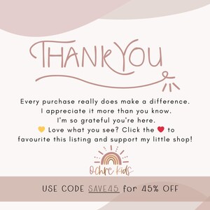 May include: A light beige graphic with the words "THANK YOU" in a handwritten style. The text includes a message of gratitude and a call to favorite the listing. The shop name "Ochre kids" is also displayed.