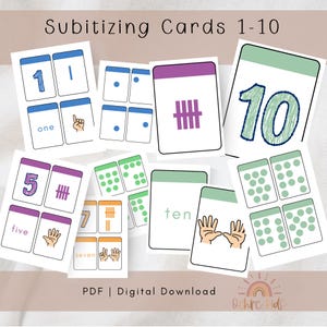 May include: Educational flashcards for subitizing, numbered 1-10. Each card shows a number, word, and visual aids such as dots and hand gestures. The cards are in different colors and include the text "PDF | Digital Download".