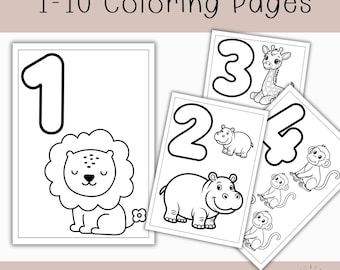 May include: A collection of printable coloring pages for kids, featuring numbers 1-4 with corresponding animal illustrations. The pages are black and white and include a lion, hippo, giraffe, and monkeys. Text at the top reads "1-10 Coloring Pages."