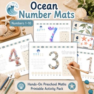 Oceaancijfermatten afdrukbaar 1-10, wiskunde werkblad voorschoolse, telactiviteit, onder de zee tien frames, overtrekoefening, kleuterschool pdf