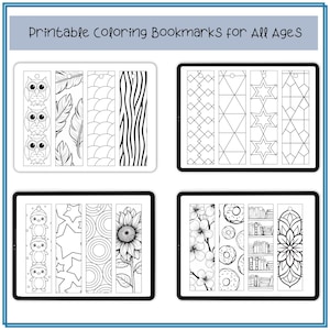 May include: Printable coloring bookmarks for all ages. The bookmarks feature a variety of designs, including owls, feathers, waves, zebra stripes, geometric patterns, stars, sunflowers, flowers, donuts, books, and mandalas.