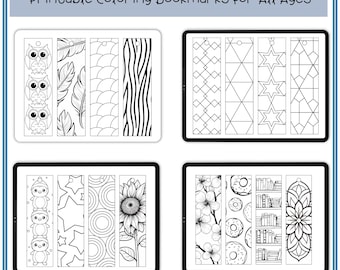 Könnte beinhalten: Ausdruckbare Malvorlagen für Lesezeichen für alle Altersgruppen. Die Lesezeichen zeigen eine Vielzahl von Designs, darunter Eulen, Federn, Wellen, Zebrastreifen, geometrische Muster, Sterne, Sonnenblumen, Blumen, Donuts, Bücher und Mandalas.