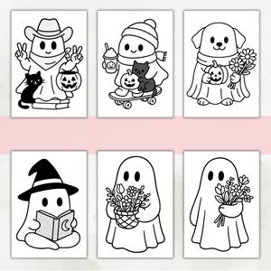 May include: A set of six black and white coloring pages featuring cute ghosts, a dog, cats, pumpkins, flowers, and a witch hat. The illustrations include a ghost cowboy, a ghost on a skateboard, a dog with flowers, a ghost reading, and ghosts with bouquets.