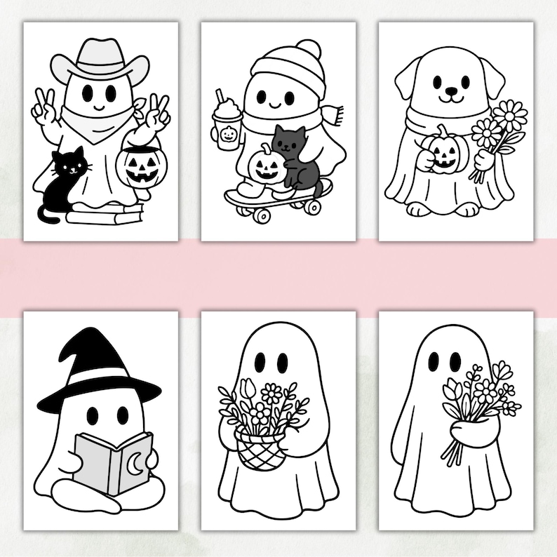 May include: A set of six black and white coloring pages featuring cute ghosts, a dog, cats, pumpkins, flowers, and a witch hat. The illustrations include a ghost cowboy, a ghost on a skateboard, a dog with flowers, a ghost reading, and ghosts with bouquets.