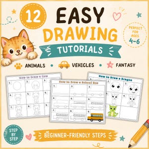 May include: A children's drawing tutorial book with the title "12 Easy Drawing Tutorials." The cover features a cartoon cat, drawing examples, and the words "Animals," "Vehicles," and "Fantasy." The book is designed for ages 4-6.