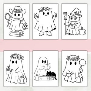 May include: A set of six black and white line art illustrations featuring ghosts in various activities. The ghosts are depicted wearing flower crowns, hats, and scarves, interacting with pumpkins, books, a broom, a watering can, and a black cat.