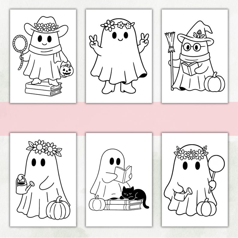 May include: A set of six black and white line art illustrations featuring ghosts in various activities. The ghosts are depicted wearing flower crowns, hats, and scarves, interacting with pumpkins, books, a broom, a watering can, and a black cat.