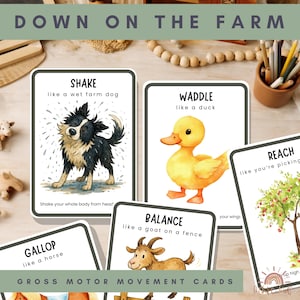 May include: Gross motor movement cards with farm animal illustrations. The cards feature a black and white dog, a yellow duck, a brown goat, and a horse. Text on the cards includes "Shake", "Waddle", "Balance", "Gallop", and "Reach".