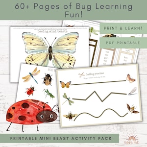 May include: A collection of printable educational activity sheets for kids, featuring colorful illustrations of insects and bugs. The sheets include activities like lacing, cutting practice, and word matching. Text on the sheets reads: "60+ Pages of Bug Learning Fun!" and "Printable Mini Beast Activity Pack."