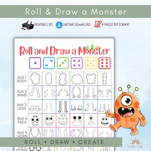 May include: A printable "Roll & Draw a Monster" game with a colorful design. The game includes dice, monster body parts, and the text "Roll & Draw a Monster". A cartoon monster is featured on the right side of the image.