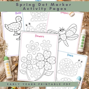 Può includere: Pagine di attività primaverili con pennarelli a punti, con un'anatra, fiori, una libellula e lumache. Progettato per l'apprendimento precoce, queste pagine sono stampabili. L'immagine include pennarelli a punti.