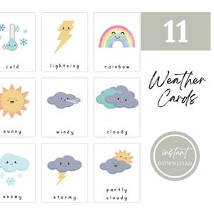 Download instantâneo | Cartões meteorológicos | Estação meteorológica | Cartões educacionais para impressão | Flashcards educacionais | 11 cartões meteorológicos