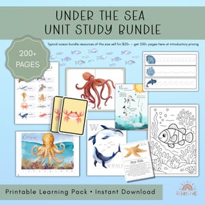 May include: A set of printable educational resources with an ocean theme. The bundle features illustrations of marine life, tracing activities, and colouring pages. The text reads "Under the Sea Unit Study Bundle" and "Printable Learning Pack - Instant Download."
