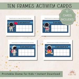 May include: Four printable activity cards for kids featuring astronaut illustrations and ten frames. Each card displays a different number: 1, 3, and 4. The cards are designed for counting practice and include the text "Ten Frames Activity Cards".
