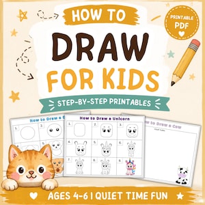 May include: A printable PDF titled "How to Draw for Kids" with step-by-step instructions. The image features a cartoon cat, a pencil, and examples of drawing a unicorn and a cow. The text reads "Ages 4-6 | Quiet Time Fun."